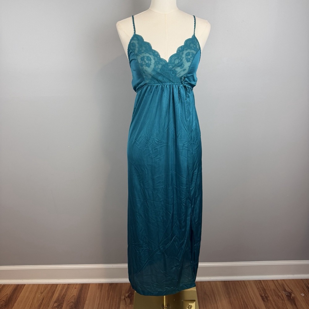 Gilead Teal Nightgown Size Small Nylon Gown Sheer Lace Bust Vintage USA Made